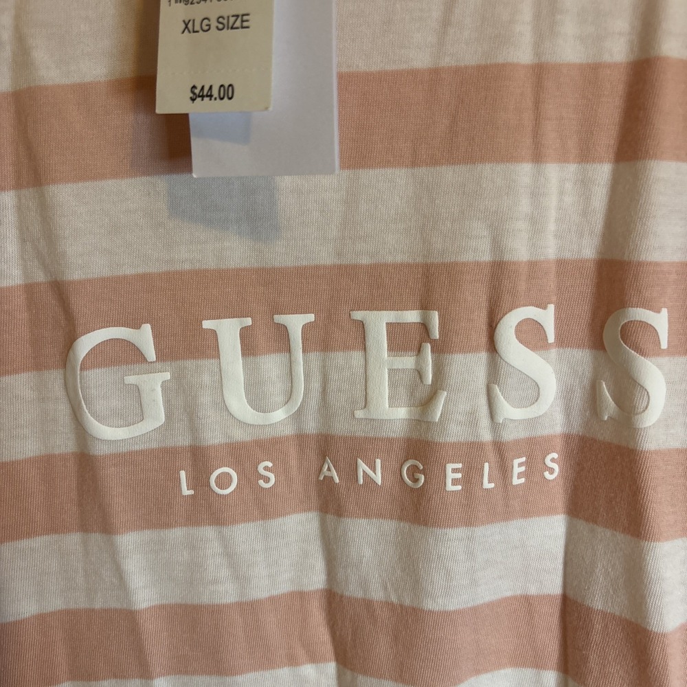 VTG‎ NEW** Guess Los Angeles Mens Pink White Stripe Short Sleeve TShirt Size xL - Picture 5 of 5